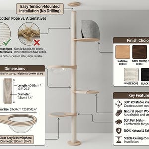 Floor to ceiling cat tree, Wood cat tree, Tall Cat tree, Cat scratching post, Cat shelves, Cat tower, Mounted Cat Pole, Cat Climbing Pole image 5