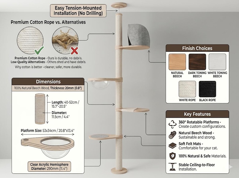 Floor to ceiling cat tree, Wood cat tree, Tall Cat tree, Cat scratching post, Cat shelves, Cat tower, Mounted Cat Pole, Cat Climbing Pole image 5
