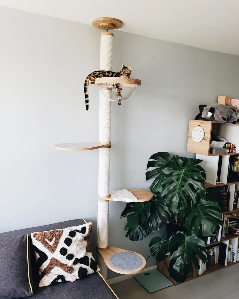 Cat adjustable tower Floor to ceiling cat tower Wood cat tree Cat climbing tree Cat tower Cat scratch Scratching post Cat playground image 4