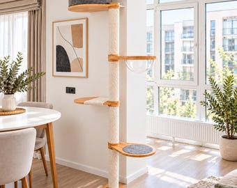 Large Wooden Cat Tree with Acrylic Bubble, Soft Cat Bed, Modern Cat Tower for Large Cats