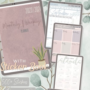 May include: A pink and gray planner with the text "2023 | 2024 Monthly | Weekly Planner" on the cover. The planner includes a sticker book with 500+ stickers, organized tabs, and 5 sections with 15 pages. The planner also includes a monthly calendar, a weekly planner, a bill tracker, and notes pages.