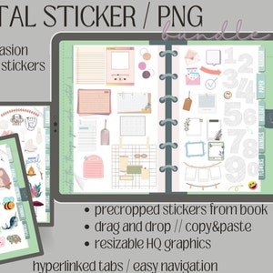 Puede incluir: Pegatinas digitales para planificador en un esquema de colores verde y gris. Las pegatinas incluyen una variedad de diseños, como flores, animales, números y marcos. Las pegatinas están precortadas y se pueden arrastrar y soltar o copiar y pegar. Las pegatinas son redimensionables y de alta calidad.
