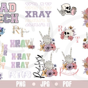 Rad Tech Shirt grafische wervelkolom bloemen skelet RTR RT bundel digitale download PNG jpg pdf afdrukbestand sublimatie