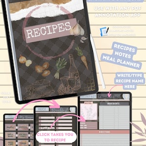 Peut inclure: Livre de recettes numérique affiché sur une tablette, avec un fond à carreaux et des illustrations d'aliments. Le livre comprend des sections pour les recettes, les notes et la planification des repas, avec une conception hyperliée. Le texte comprend "Téléchargement instantané".