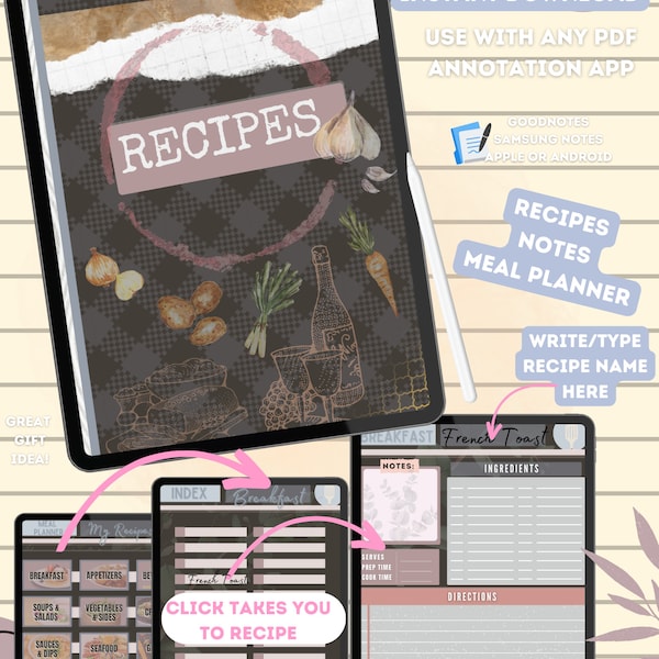 Digital Blank Recipe Book Tablet or Phone | Recipe Journal | Meal Planner | Hyperlinked Apple samsung Android Good Notes Pdf Annotation