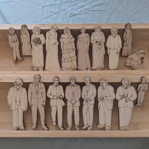 Pu&ograve; includere: Figure di legno non dipinte raffiguranti persone in abiti e vestiti, disposte in un vassoio di legno. Le figure dettagliate sono adatte per scopi educativi o artigianali.