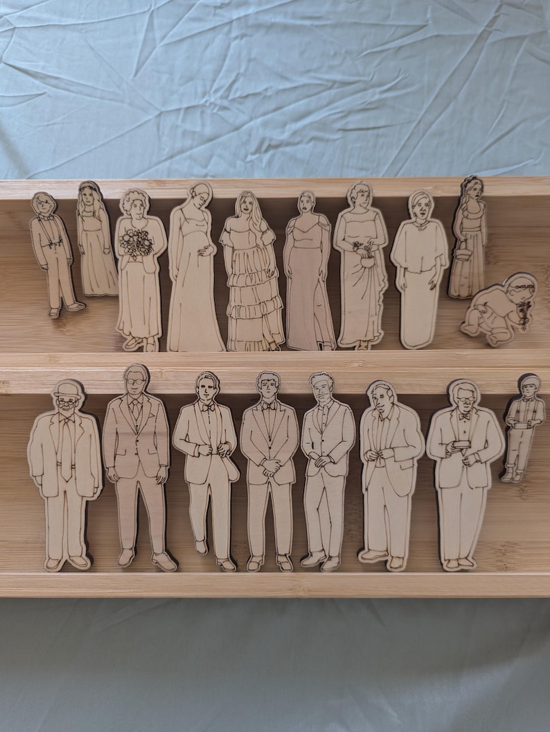 Pu&ograve; includere: Figure di legno non dipinte raffiguranti persone in abiti e vestiti, disposte in un vassoio di legno. Le figure dettagliate sono adatte per scopi educativi o artigianali.