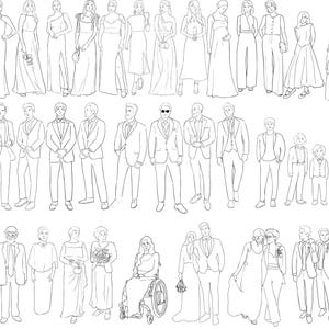 Pu&ograve; includere: Disegno a tratto in bianco e nero di un gruppo di sposi. L'immagine comprende spose, sposi, damigelle d'onore, testimoni e bambini. Le figure sono vestite con abiti formali, adatti per inviti di nozze.