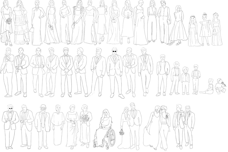 Pu&ograve; includere: Disegno a tratto in bianco e nero di un gruppo di sposi. L'immagine comprende spose, sposi, damigelle d'onore, testimoni e bambini. Le figure sono vestite con abiti formali, adatti per inviti di nozze.