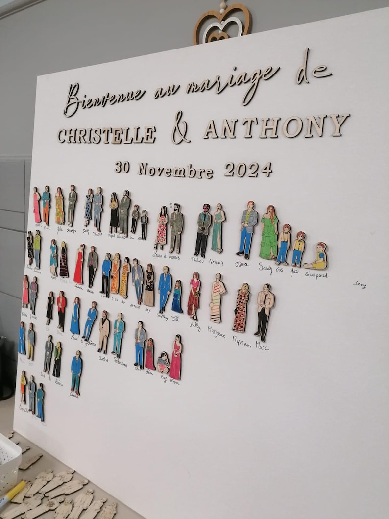 Pu&ograve; includere: Una lavagna bianca con il testo "Bienvenue au mariage de CHRISTELLE & ANTHONY 30 Novembre 2024" scritto con un pennarello nero. La lavagna &egrave; decorata con piccole figure di legno di persone, ciascuna con un nome scritto sotto.