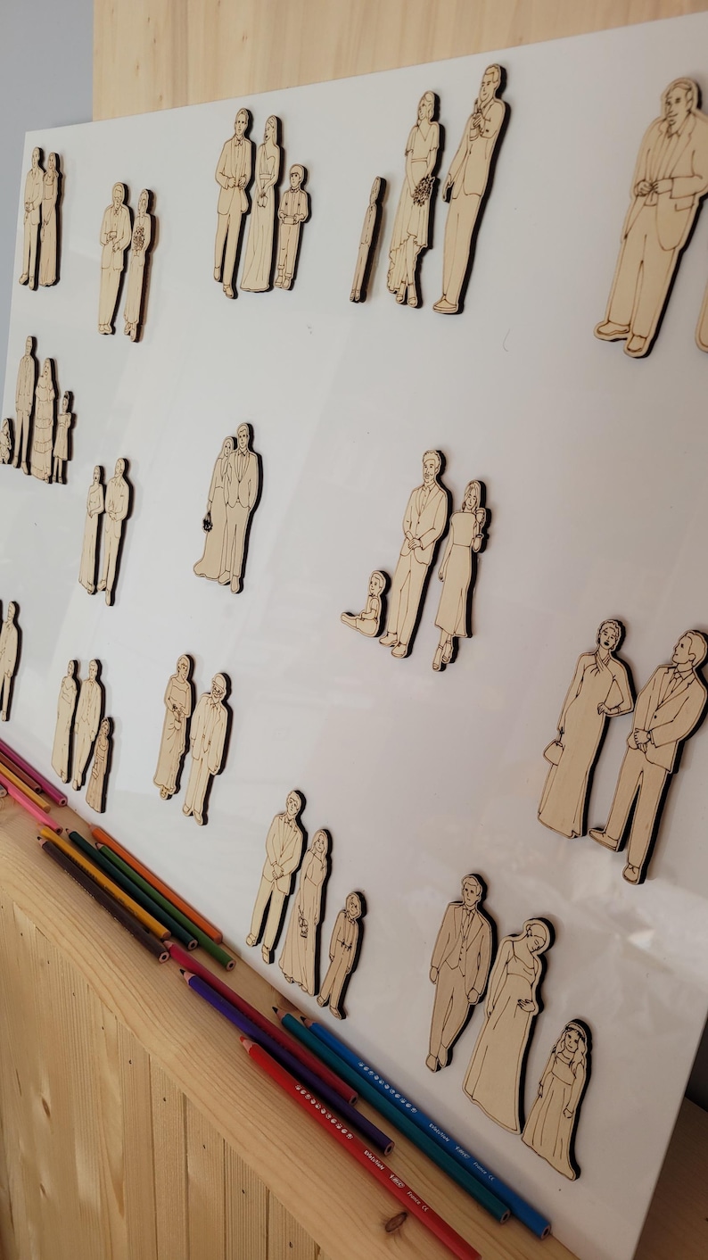 Pu&ograve; includere: Un set di figure di persone ritagliate in legno, probabilmente per un albero genealogico o una decorazione da matrimonio. Le figure sono non dipinte e pronte per essere colorate.
