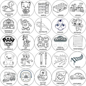 May include: Black and white illustrations of various toys and activities for children. The illustrations are in circles with the name of the toy or activity written below each circle.