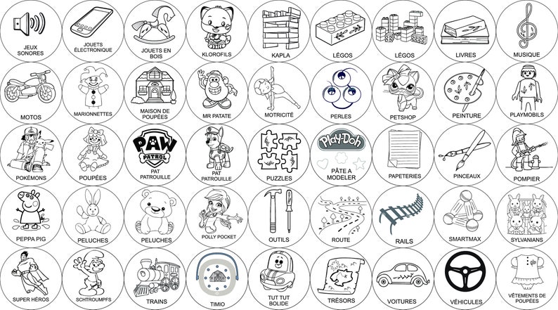 May include: Black and white illustrations of various toys and activities for children. The illustrations are in circles with the name of the toy or activity written below each circle.