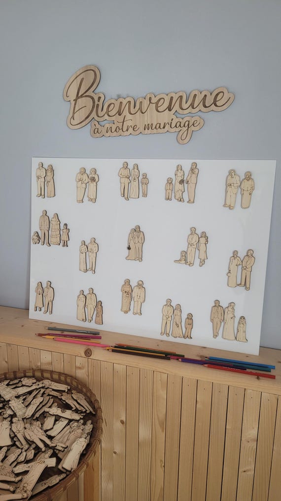 activité mariage , invités à l'honneur, silhouettes bois à colorier, animation mariage, panneau de bienvenue, invités mariage