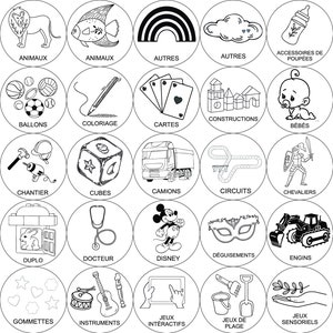 May include: Black and white illustrations of various toy categories, including animals, balls, coloring, cards, construction, babies, books, cars, dinosaurs, dolls, duplo, doctor, Disney, dress-up, engines, fruits and vegetables, figurines, felt, games, instruments, interactive games, play dough, sensory toys, outdoor games, and dice. Each illustration is in a circle with the category name written below.