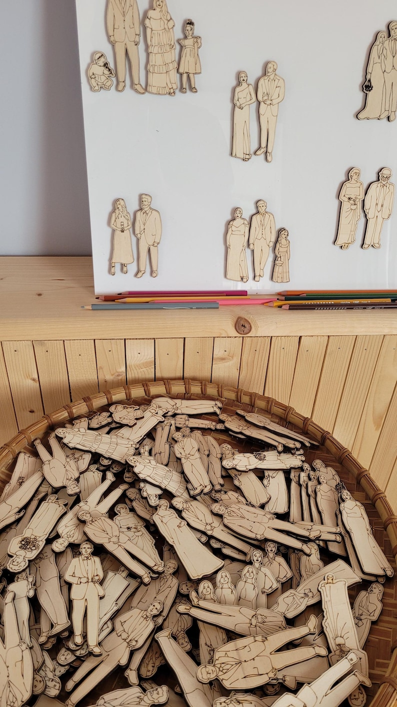 Pu&ograve; includere: Sagome di legno di persone in vari abiti, tra cui abiti da sposa, sono esposte su una lavagna bianca e in un cesto intrecciato. Matite colorate sono su una mensola di legno. Le sagome sembrano essere per un progetto fai-da-te.