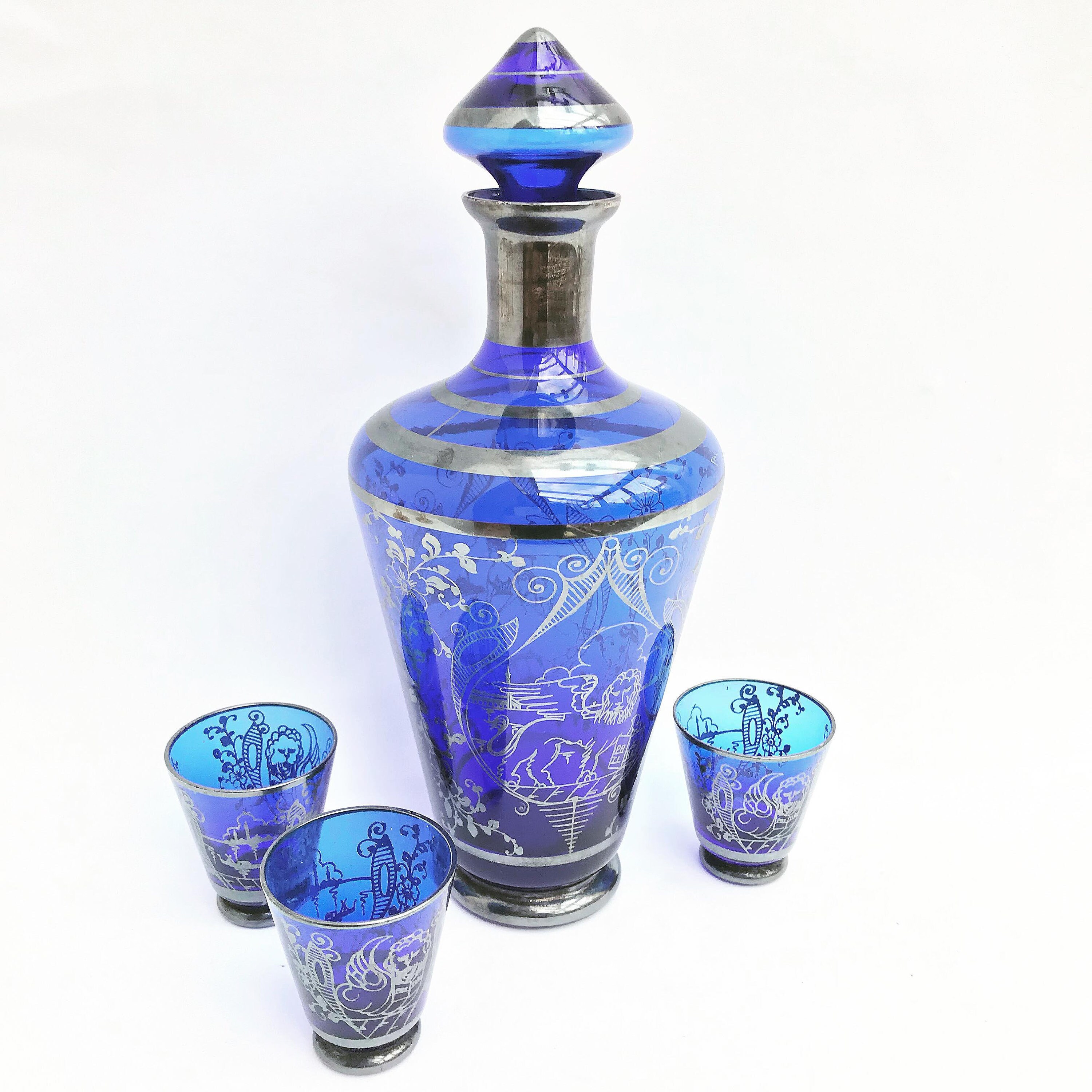 Decanter Cobalt Blue Glass Dsilver Overlay Decorations Flowers
