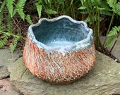 Wood salt fired container pot, flower pot, turquoise rustic pot, ikebana flower pot, unique, one of a kind ceramic stoneware pot