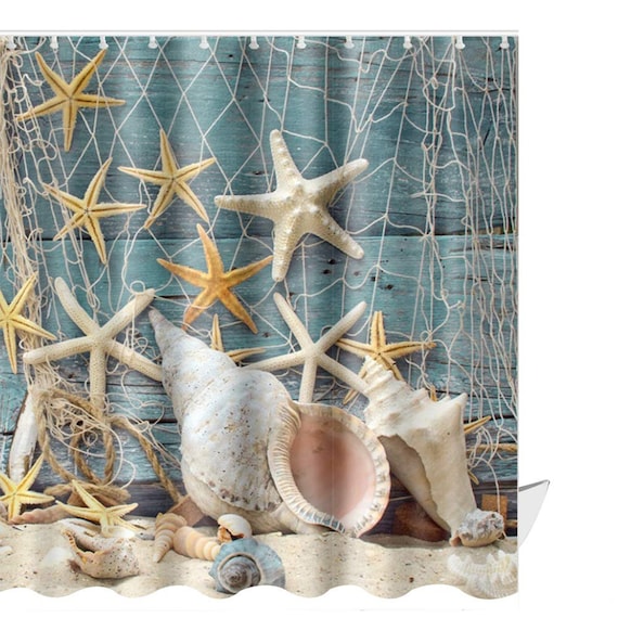 Starfish Seashell Seascape Beach Shower Curtain Bathroom Diy Kids Retro Natural