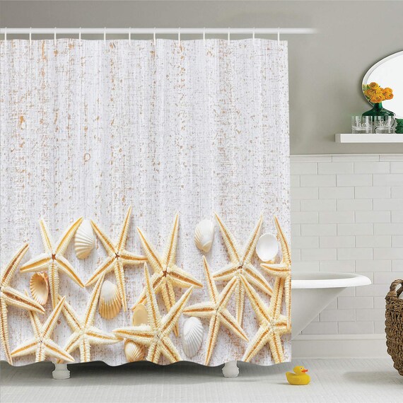 Seashells Shower Curtain Sea Shells On Timber Pattern Etsy