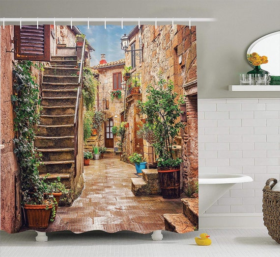 Tuscan Decor Shower Curtain Set View Of An Old Mediterranean Etsy