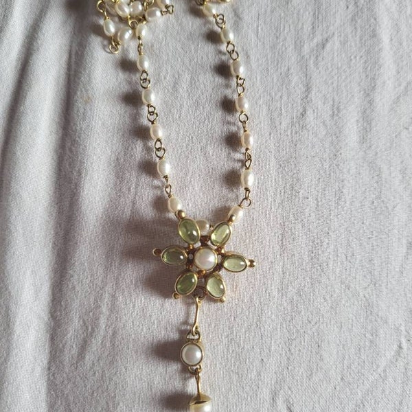 Vintage mid century pearl and peridot silver gilt necklace.