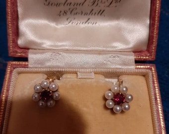 Antique. Edwardian. 9ct Gold pearl and Ruby. Daisy earrings
