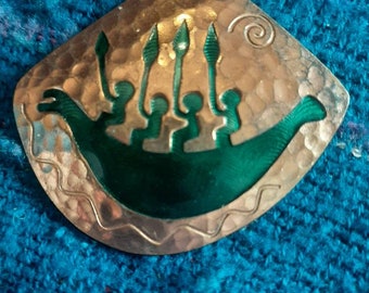 Vintage copper viking ship enameled pendant.