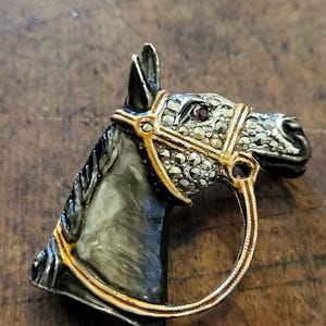 May include: A vintage horse head brooch. The brooch features a detailed horse head with a black mane and a silver-colored bridle adorned with small, sparkling stones. The horse's eye is a small, red gemstone, and the bridle has gold-colored accents.