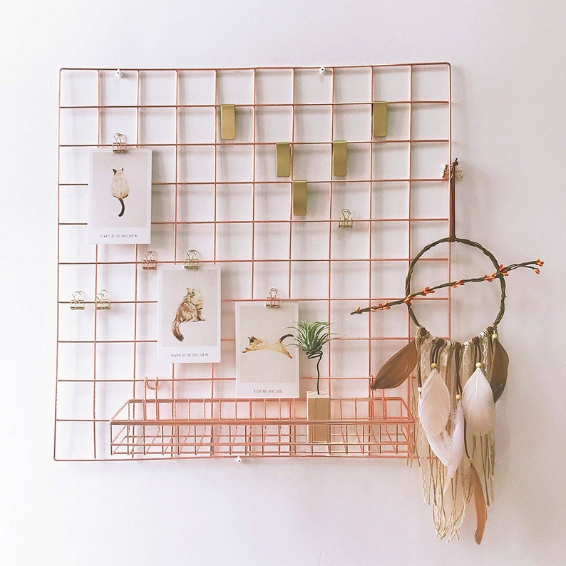 Cooper Wire Wall Grid FREE CLIPS, Rose Gold Frame Grid Photo Wall Wire Mesh Workspace Memo Board Memoboard Notice Metal Grid image 2