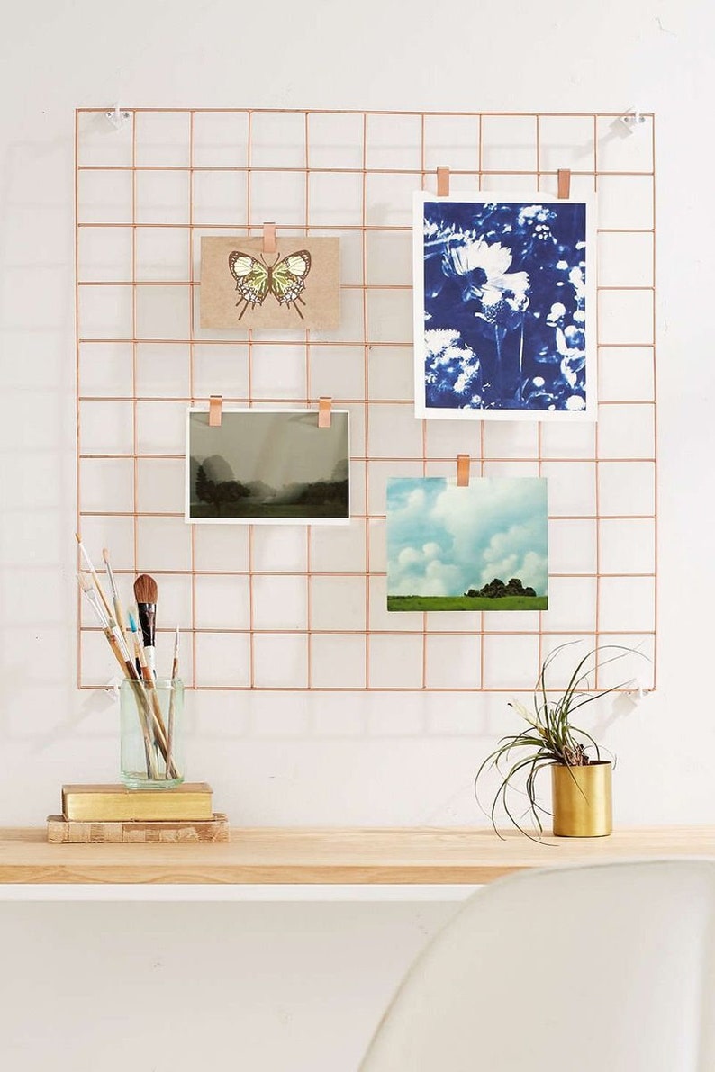 Cooper Wire Wall Grid FREE CLIPS, Rose Gold Frame Grid Photo Wall Wire Mesh Workspace Memo Board Memoboard Notice Metal Grid image 1