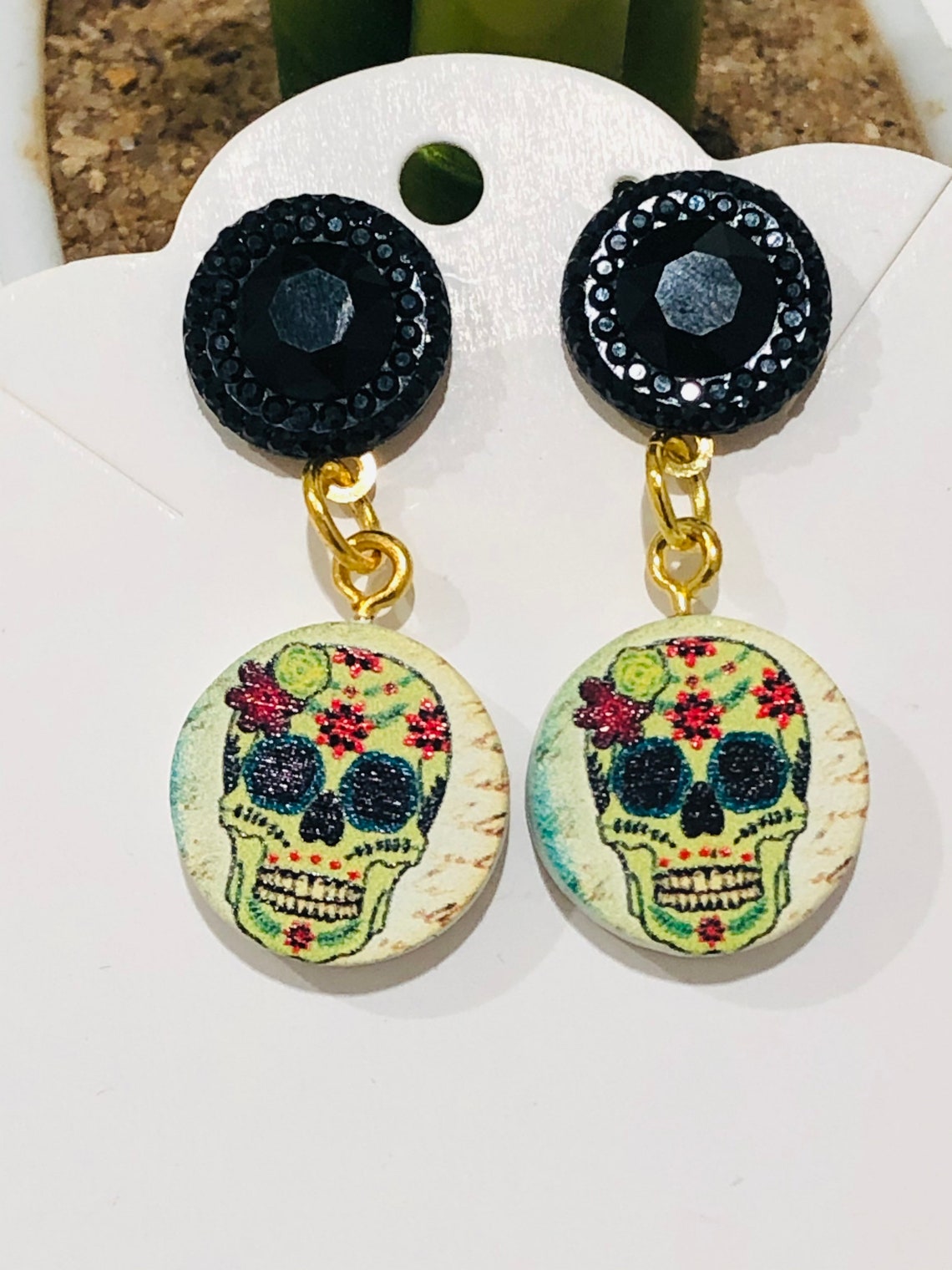 Handmade Sugar Skull earrings. Black rhinestone and wood charm Etsy