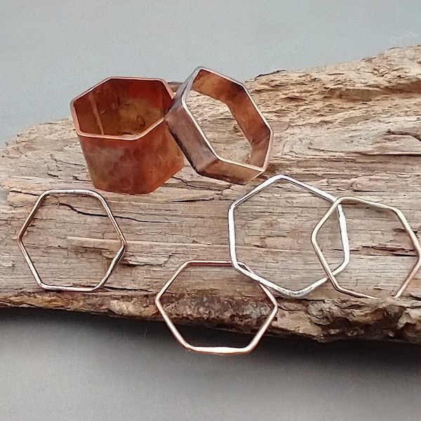 Simple Hexagonal Hammered Copper Ring, Stacking Ring, unisex copper band, men's rustic jewelry , gift for husband, simple ring for man