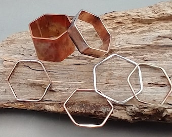 Simple Hexagonal Hammered Copper Ring, Stacking Ring, unisex copper band, men&#39;s rustic jewelry , gift for husband, simple ring for man