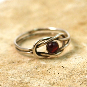 Sterling Lovers&#39; Knot Ring with 4mm Garnet, gift for her, love jewelry, sailor knot ring,