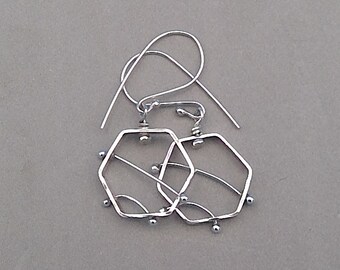 Modern Sterling Earrings, open hexagons, artistic earrings, gift for her, gift for mom, anniversary gift, kinetic jewelry