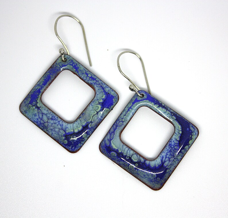 Triangular Earrings Abstract pattern Wearable art Abstract Vitreous Enamel Earrings Enamel on Copper