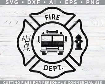 May include: Black and white fire department logo with a fire truck, ladder, and fire hydrant. The logo is in the shape of a Maltese cross with the words "FIRE DEPT." inside.