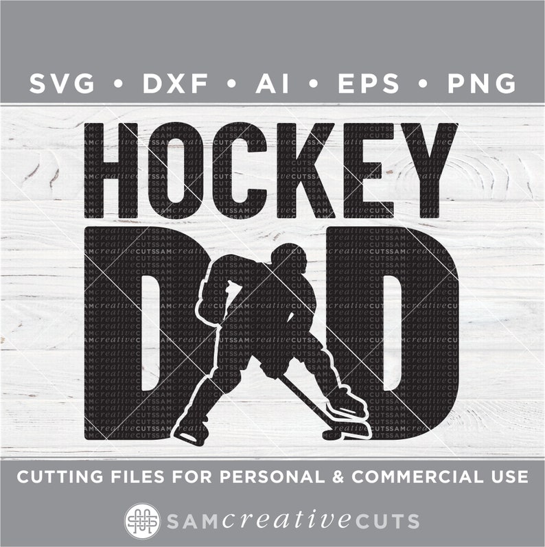 May include: Black and white silhouette of a hockey player with a stick and puck. The text "HOCKEY DAD" is above the player.