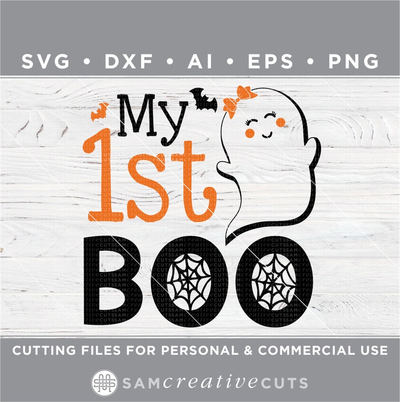 May include: Black and white digital cut file design featuring a ghost with a bow, a bat, and the text "My 1st Boo".