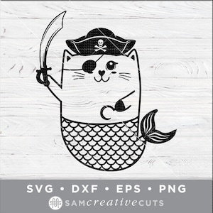 Puede incluir: Ilustración en blanco y negro de un gato con un sombrero de pirata y sosteniendo una espada. El gato tiene una cola de sirena con escamas.