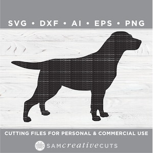 May include: Black silhouette of a dog, created with the text "SAMCreativeCUTS" repeated throughout the image. The image includes the text "SVG DXF AI EPS PNG" and "CUTTING FILES FOR PERSONAL & COMMERCIAL USE".