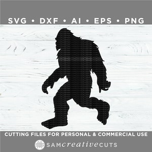 May include: Black silhouette of a Bigfoot walking to the right. The silhouette is made up of the words "SamCreativeCuts" repeated many times. The image is on a white wood background. The text "Cutting Files for Personal & Commercial Use" is at the bottom of the image. The text "SamCreativeCuts" is at the bottom of the image.