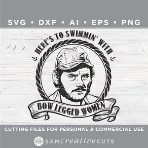 Puede incluir: Ilustración en blanco y negro de un hombre con barba y sombrero, dentro de un círculo de cuerda con el texto "& HERE'S TO SWIMMIN' WITH + BOW LEGGED WOMEN".