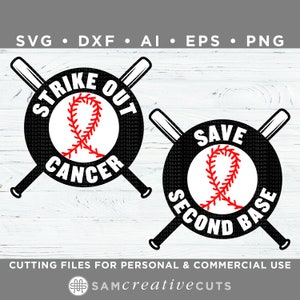 Peut inclure: Deux designs de baseball noir et blanc avec des accents de ruban rouge. Le premier design dit "Strike Out Cancer" et le second design dit "Save Second Base".
