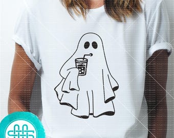 Ghost with Iced Coffee, Ghost drinking iced coffee, Ghost with Coffee, Halloween Ghost -  Silhouette & Cricut dxf/EPS/PNG/SVG fth-57