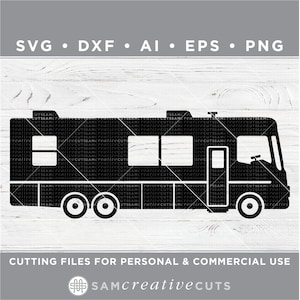 May include: Black silhouette of a recreational vehicle (RV) with windows and wheels. The image includes the file types SVG, DXF, AI, EPS, and PNG. Text at the bottom reads "CUTTING FILES FOR PERSONAL & COMMERCIAL USE".