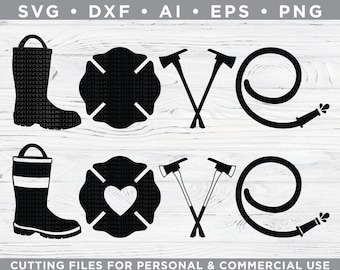 Firefighter Love Word Art - Fireman Symbols - Firefighter Wife - Cutting files for Silhouette & Cricut, svg - dxf - ai - eps - png