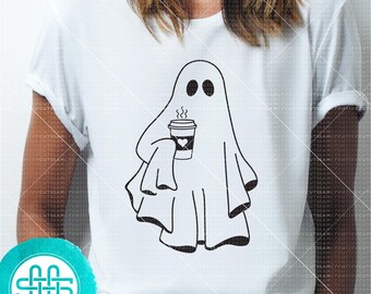 Ghost with Starbies, Ghost drinking coffee, Ghost with Coffee, Halloween Ghost -  Silhouette & Cricut dxf/EPS/PNG/SVG fth-56