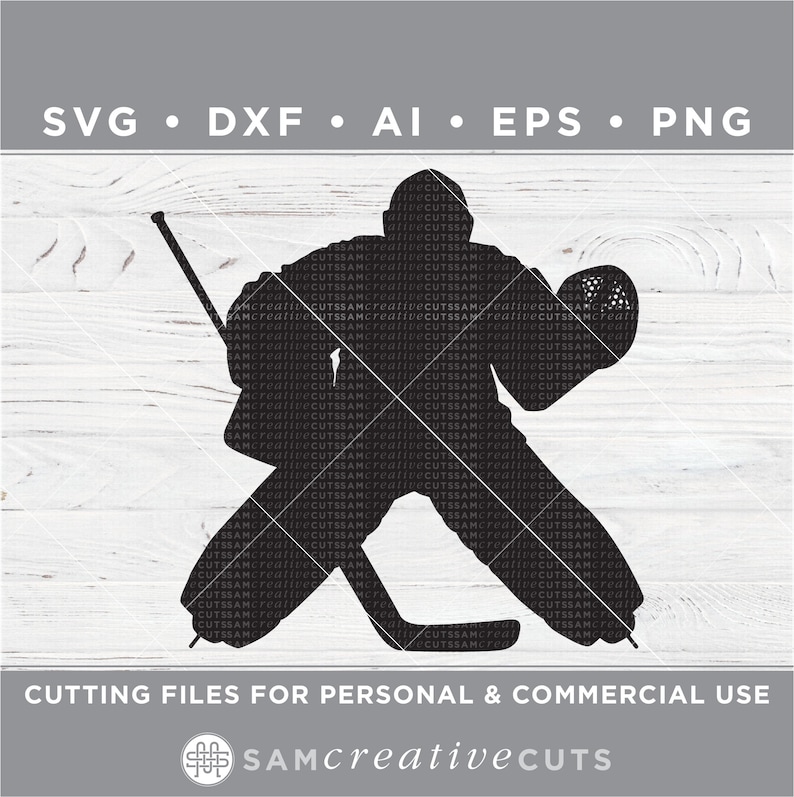 K&ouml;nnte beinhalten: Schwarze Silhouette eines Hockeytorwarts in einer Hockposition, der einen Hockeyschl&auml;ger und einen Puck h&auml;lt. Das Bild ist auf einem wei&szlig;en Holzmaserungshintergrund.
